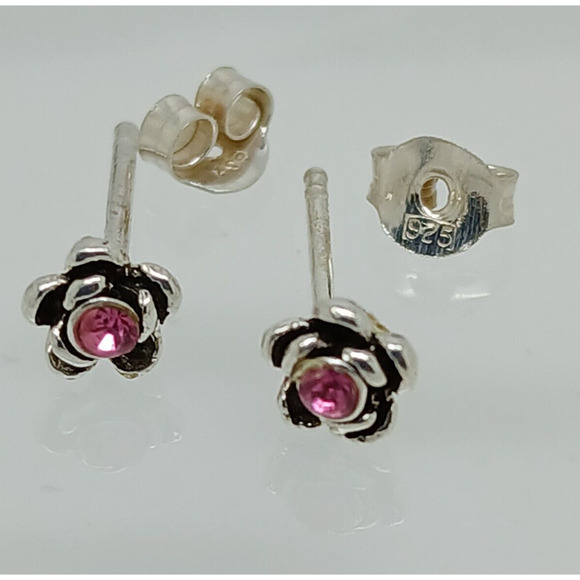 Vintage Estate Jewelry NOS .925 Sterling Silver Pink Rose Crystal Earrings - Picture 2 of 7